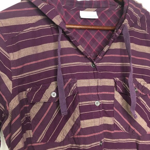 Columbia Striped Hooded Button Down Long Sleeve Shirt Sz S - Picture 5 of 14